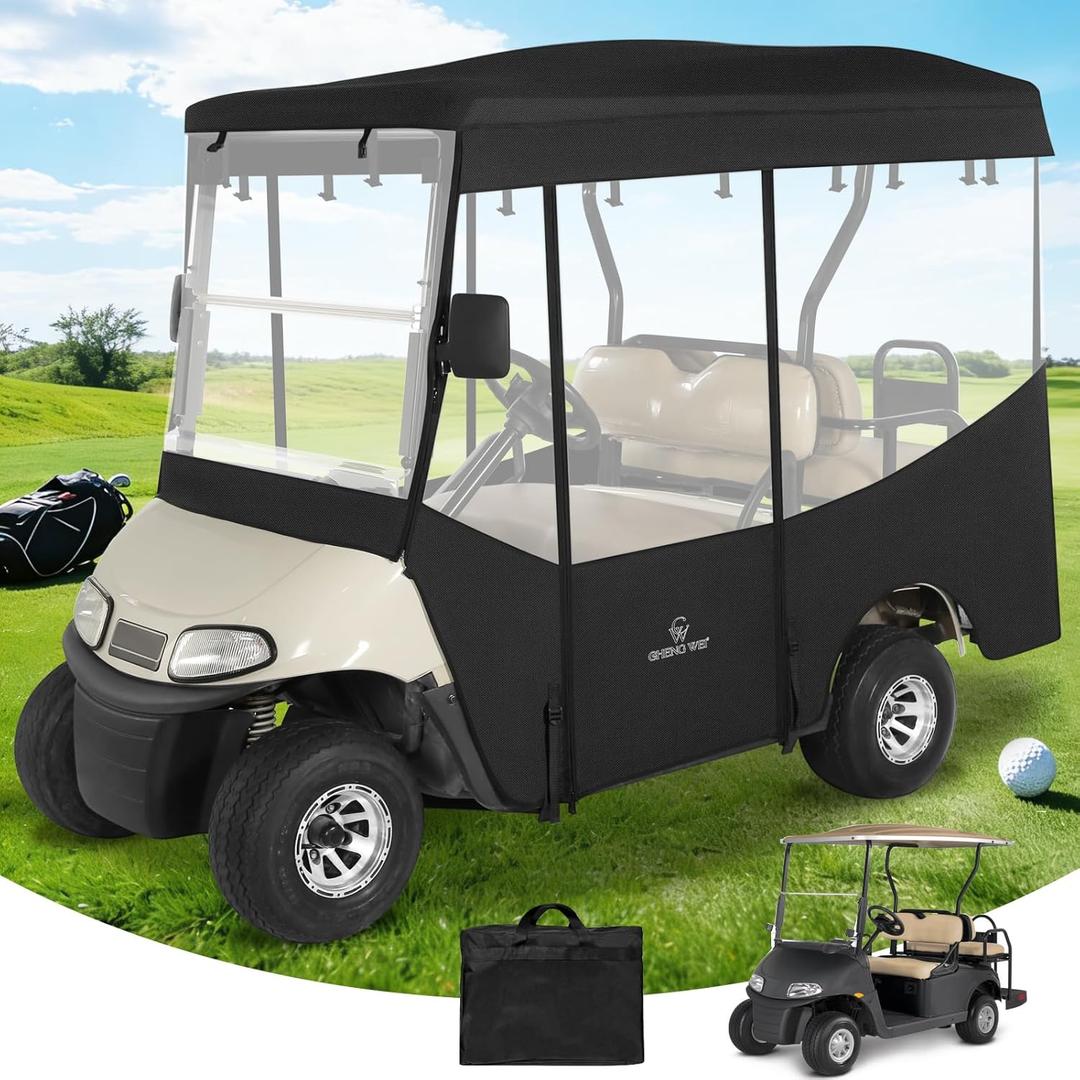 Golf Cart Enclosures 4 Passenger 80“ Extended Roof for Ezgo RXV,600D Clear Rain Cover Driving Enclosure 4 Seater,Full Roll Up 4 Sided Transparent Windows&Door Heavy Duty Zipper,Side Mirrors Openings