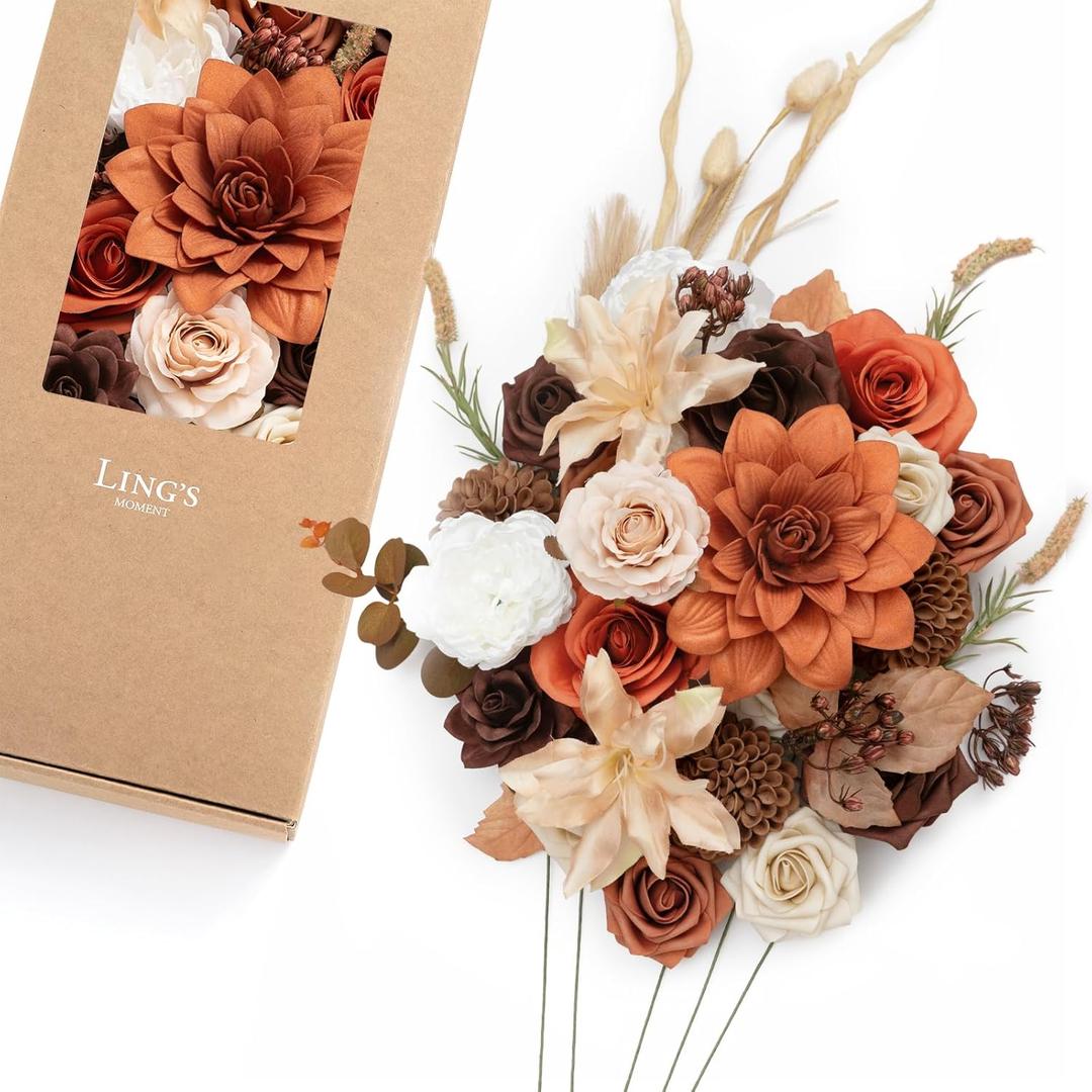 Ling's moment Burnt Orange Boho Deluxe Artificial Flowers and Greenery Combo Box Set, Rust Sepia Dried Fake Flower for DIY Wedding Bridal Bouquet, Centerpieces Decor, Floral Arrangement Decor, etc.