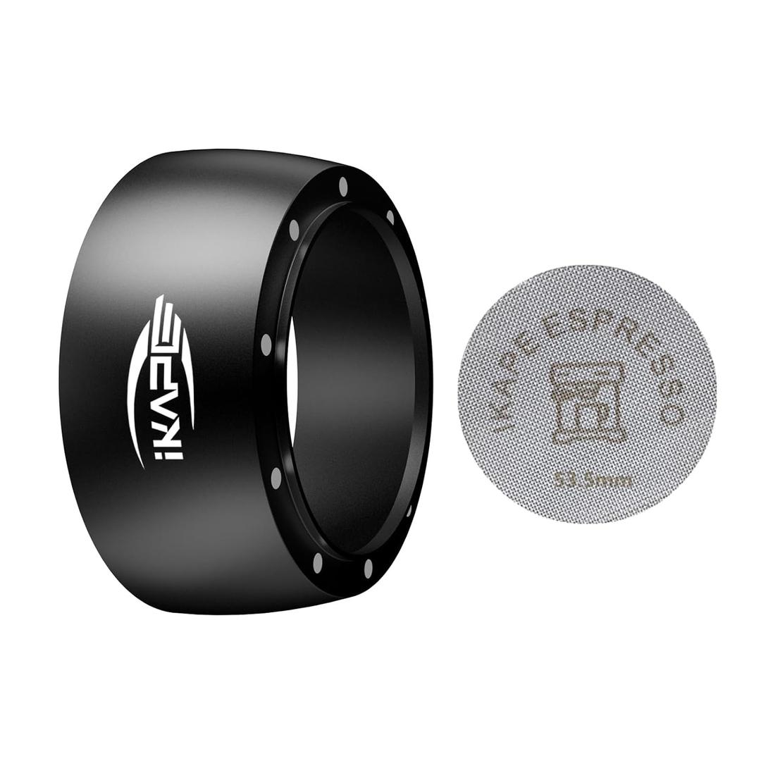 IKAPE Magnetic Dosing Funnel Set, 53MM Espresso Dosing Ring & Puck Screen Kit Compatible with Breville 54MM Bottomless Portafilter - with 8 Small Magnet (Black)
