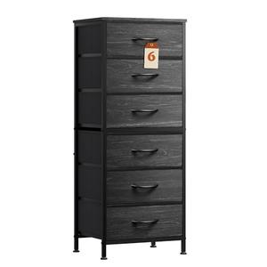 WLIVE Tall Dresser for Bedroom, 6 Drawer Dressers & Chests of Drawers, Fabric Dresser for Closet, Night Stand with Metal Frame, Storage Tower with Fabric Bins, Woodtop, Charcoal Black Wood Grain Print