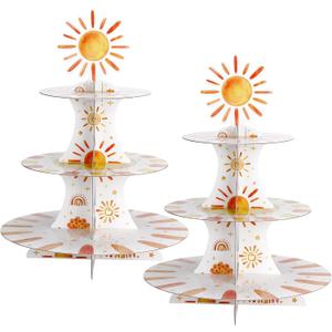Tioncy 2 Set 3 Tier First Trip Around The Sun Cardboard Cupcake Stand for 24 Sunshine Cupcake Tier Stand Dessert Tower Holder for Birthday Party Baby Shower Decoration