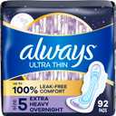 Always Ultra Thin Overnight Pads, Size 5, Extra Heavy Overnight, Unscented, 92 Count (2 Packs of 46)