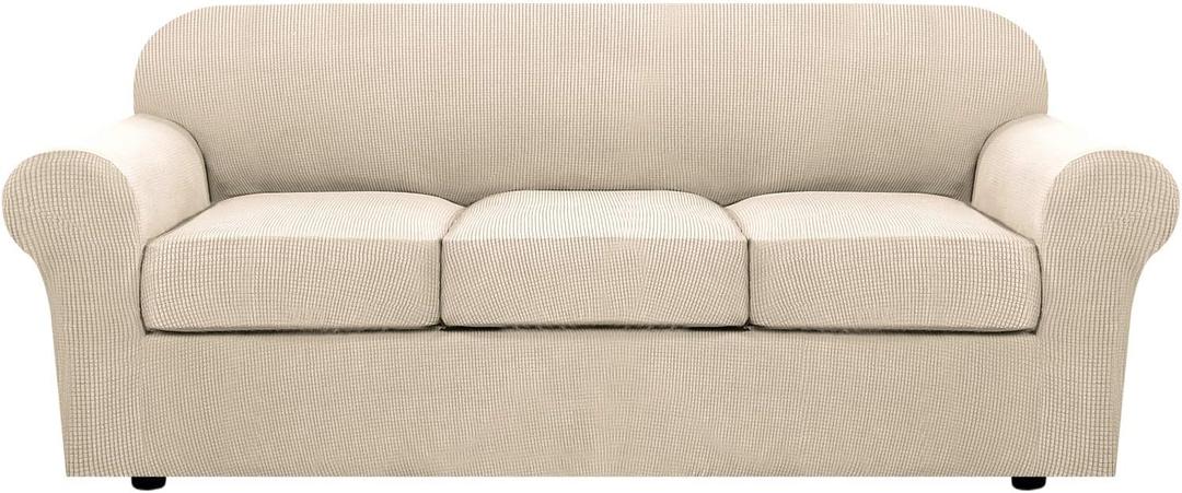 H.VERSAILTEX 4 Piece Stretch Couch Covers for 3 Cushion Couch Sofa Furniture Slipcovers Feature Upgraded Thicker Jacquard Fabric (Sofa, Natural)