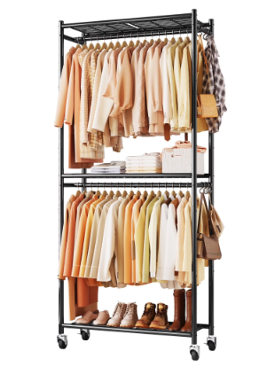 Sakugi Clothes Rack, Heavy-Duty Garment Rack with Shelves & Wheels, Freestanding Wardrobe Organizer with Hooks, Ideal for Bedroom, Laundry, or Balcony, 32.5 x 11.9 x 78.9, Black 