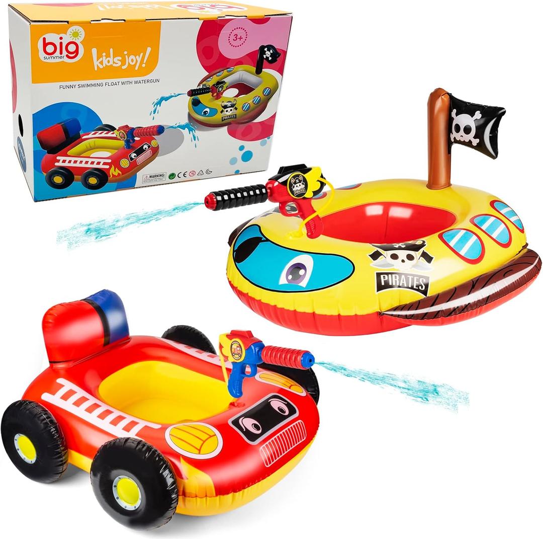 2 Pack Inflatable Kids Pool Floats with Water Gun, Pool Toys for Kids Ages 4-8, Blow Up Toddler Pool Floats, Swimming Pool Game Toys, Fire Truck and Pirate Ship Floaties for Boys Girls and Child