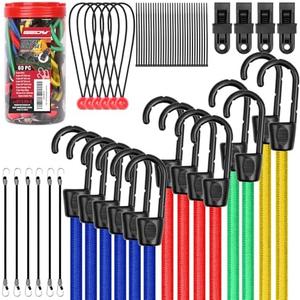 60-Piece Bungee Cords Assorted Sizes - 10" 18" 24" 32" 40" Bungee Cords with Hooks, Heavy Duty Outdoor, Large Medium Small Mini Elastic Canopy Tarp Bungee Ball Ties Tarp Clips Organizer
