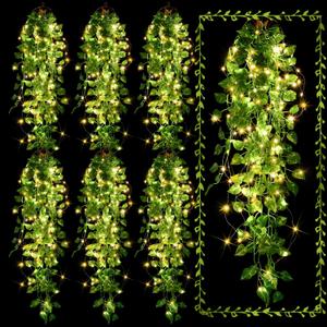 Mudder Fake Ivy Vines with Lights, LED Artificial Hanging Green Leaves Vines for Outdoors Patio Porch Decor (Basket Not Included) (Greenery Style, 6 Packs)