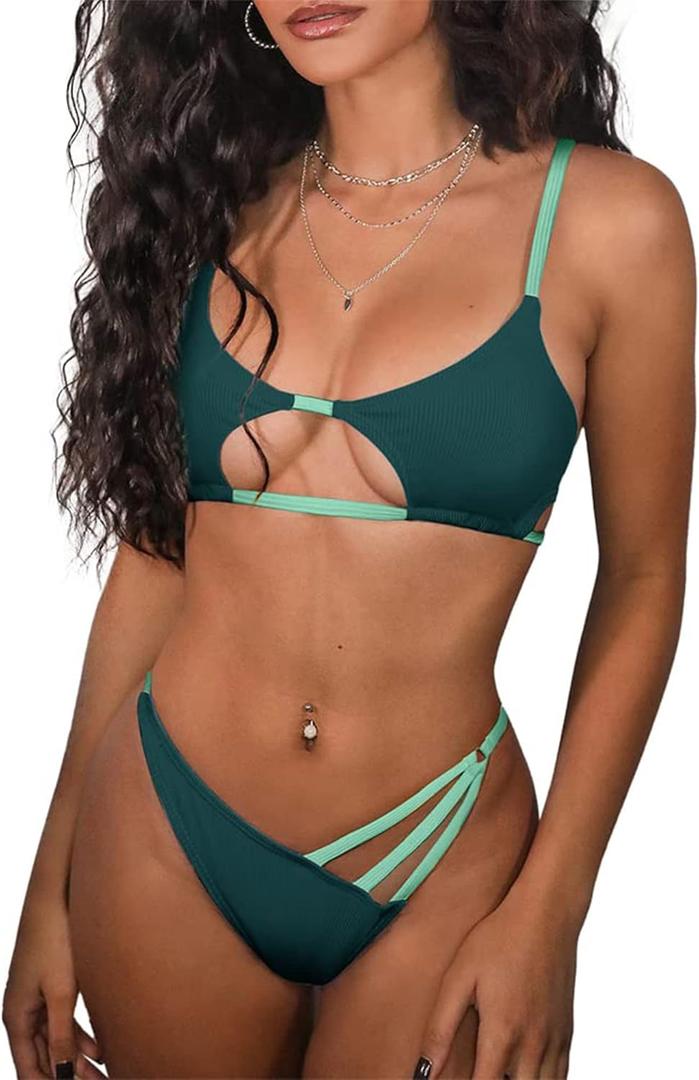 ZAFUL Women's Sexy Cutout Bikini Thong Bikini Set Tie Back Two Piece Swimsuit Bathing Suit (Medium, 2-a-deep Green)
