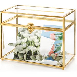 Okllen Glass Wedding Card Box with Lock and Slot, Gold Rim Envelop Box Gift Holder, Vintage Clear Card Box for Wedding Reception, Baby Shower, Birthday, Graduation (Glass Box and Lock Only)