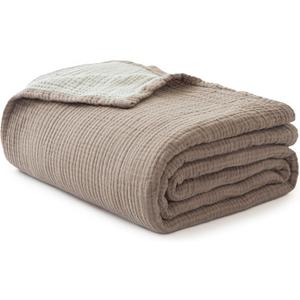 Simple&Opulence 100% Cotton Muslin Blanket King Size, Lightweight Breathable 4 Layering Gauze Blanket for Bed Couch Camping, Soft Bedspread Coverlet All-Season Use (Coffee, 104" x 92")