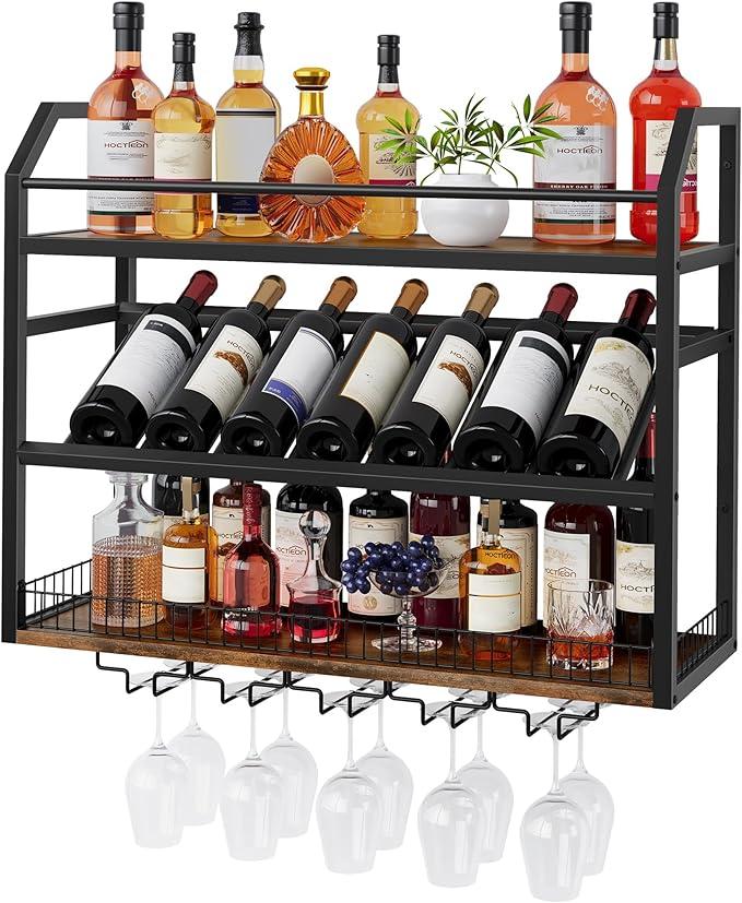 Hoctieon Wall Mount Wine Rack, Wall Mounted Wine Bottle Rack for Display and Storage, Hanging Bottle Holder, for Living Room, Dining Room,Bar, Wine Cellar, Rustic Brown