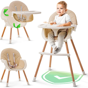 3-in-1 High Chair for Babies and Toddlers - Convertible Wooden Baby Highchair for Eating with Safety Belt, Foldable Baby Feeding Chair with 3-Position Removable Tray, Adjustable Legs (Beige)