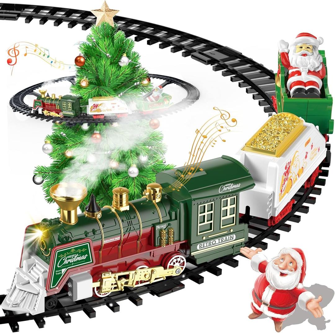 Christmas Train Set - Hanging Train Toys Train Set with Smoke Light & Sound for Boys Girls Around Under The Christmas Tree with Steam Carriages Tracks for 3-12 Years Old Kids Decoration Gift