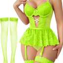 Lilosy Sexy Stocking Rhinestones Heart Garter Underwire Floral Mesh lace Sheer Babydoll Lingerie Teddy Bodysuit Skirt Set (Green, XL)