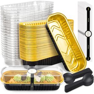 50 Pack Mini Cake Pans with Lids and Spoons Gold Rectangular Aluminum Foil Baking Pans Mini Cheesecake Containers(6.8oz) (Glod)