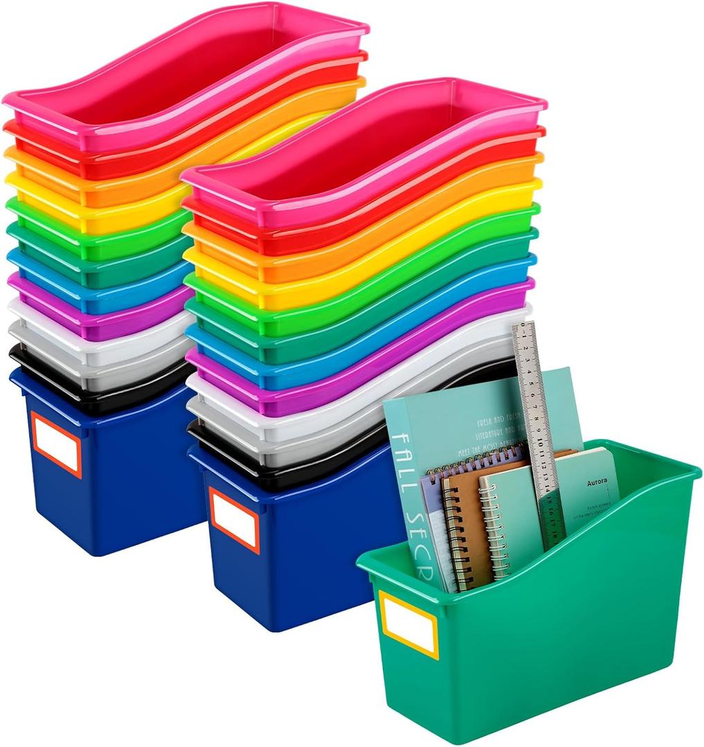 Jinei 24 Pack Multicolor Book Bins for Classroom Decor Bulk Plastic Bins with Name Labels Assorted Color Organization Book Bin Baskets Teacher Storage Boxes for Classroom Office