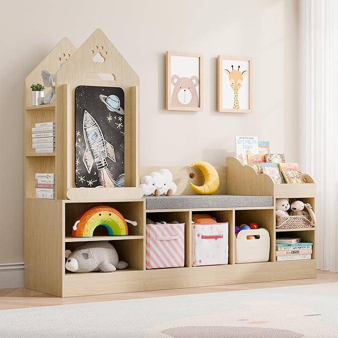 MU Kids Bookshelf with Reading Nook, Toddler Bookcase Bench with Seat Cushion and 7 Storage Cubbies, Kids Reading Nook for Boys & Girls, Toy Storage Bench Box for Bedroom, Playroom, Nursery