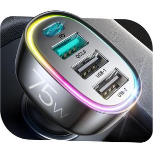 75W Car Charger USB C, 4 Port Super Fast Cigarette Lighter USB Charger, Type C 60W & QC 3.0 Multiport Car Phone Adapter Accessories for iPhone 17/16/15/14/13/12 Pro Samsung S26 Series