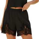 Women Silk Lace Shorts Satin Elastic Waist Lace Trim Mini Shorts Silk Patchwork Lounge Pettipants Slip Bottoms (Coal Black, L)