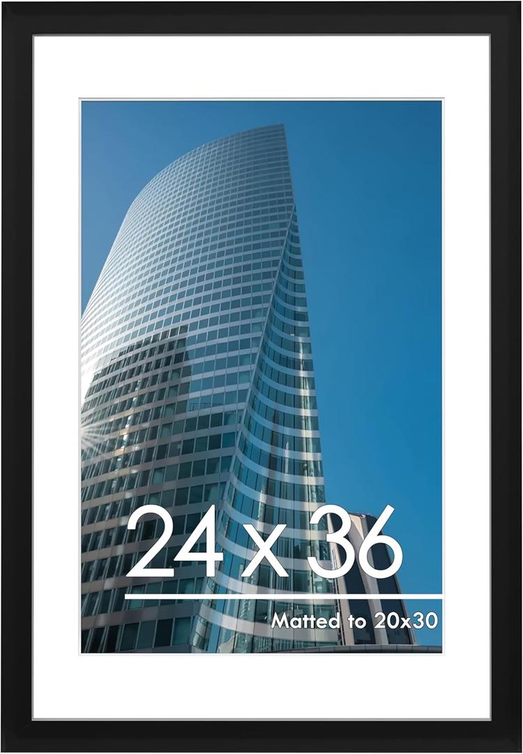 PEALSN 24x36 Poster Frame, Display Pictures 20 x 30 with Mat or 24 x 36 Without Mat, Poster Frames 24 x 36 inches for Wall Mounting Display, Black.