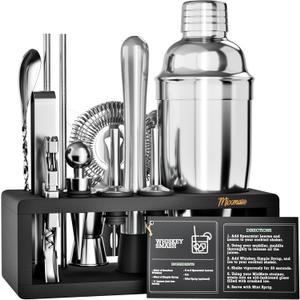 Mixology Bartender Kit with Stand - 15 Piece Bar Tool Set, Silver Bar Set Cocktail Shaker Set for Drink Mixing - Includes Martini Shaker, Jigger, Strainer, Bar Mixer Spoon, Tongs, Opener | Gift Idea, Silver/Black