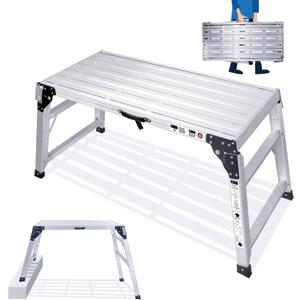 ORIENTOOLS Adjustable Work Platform + Handle, (39.4" X 18.5") Portable Folding Aluminum Step Ladder, Scaffolding of Capacity 330 LBS Heavy Duty, 7 Gear Adjustable Height 24 to 35 inches