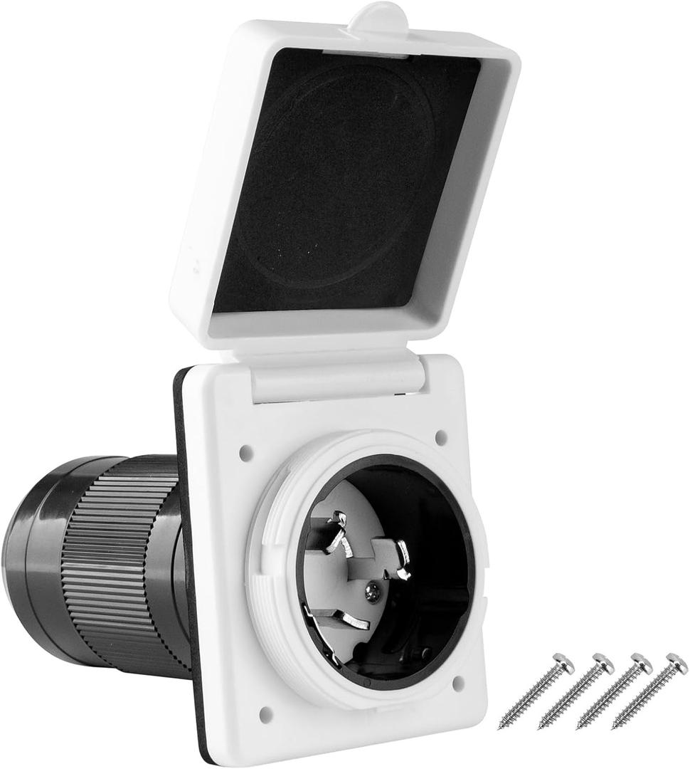 50 AMP Twist Lock RV Shore Power Inlet 125V/250V with 3 Stainless Steel Pins and Screws RV Shore Power Inlet with Weatherproof Boot Kit,NEMA SS2-50P,ETL Listed,White