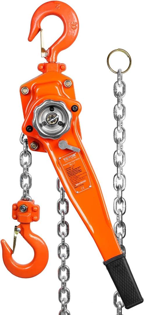 VEVOR Manual Lever Chain Hoist, 1-1/2 Ton 3300 lbs Capacity 10 FT Come Along, G80 Galvanized Carbon Steel with Weston Double-Pawl Brake, Auto Chain Leading & 360 Rotation Hook, for Garage Factory Dock (Orange)
