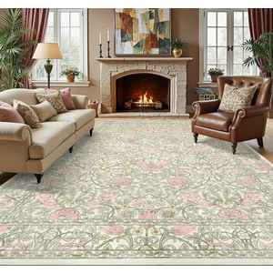 GarveeHome Pink and Green Vintage Floral Washable Rugs 8x10 for Living Room Boho Retro Botanical Rug Low Pile Stain Resistance Non Slip Carpet for Bedroom Nursery Dining Room