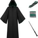 OYYJIG Magician Robe for Adult Teens, Wizard School Costume for Men Women,Four Magic College Styles Cloak Witch Hooded Cape (Small, Green)