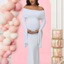 Women's Maternity Long Sleeve Off Shoulder Pregnancy Photography Dress for Baby Shower Photoshoot Party (White)