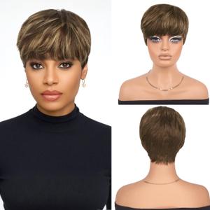 PEACOCO Pixie Cut Wig Human Hair Short Wigs for Black Women Natural Straight Glueless Pixie Wig with Bangs Layered Virgin Short Wigs for Women Blond 4/27#