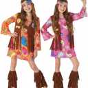 Morph 70s Outfits For Kids, Girls Hippie Costume, Hippie Costume Kids, Girls Halloween Costumes, 70s Halloween Outfit Kid (Medium, Pink)