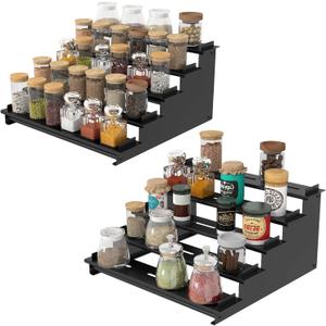 5 Tier Spice Rack for Cabinet, 2 Pack Spice Organizer, Metal Step Shelf Countertop Spice Rack for Inside Cabinets, Kitchen, Black