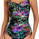 Itzel Women's Ruched Twist Front One Piece Swimsuit Tummy Control Push Up Vintage Retro Bathing Suits, Size: 14