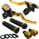Universal 7/8 22mm Handlebar Motorcycle Brake Levers Master Cylinder Clutch Lever Left & Right Set + Hand Grips + Handlebar Ends Set Fit for Harley Honda Kawasaki Suzuki Yamaha (Gold)