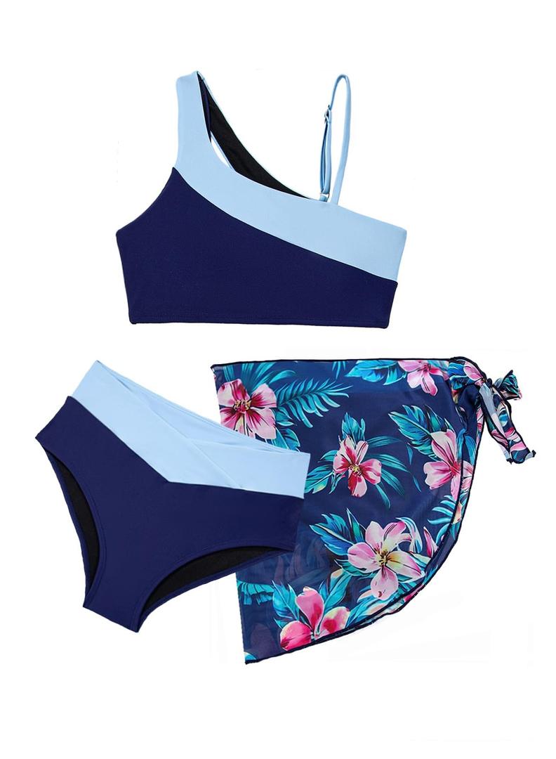 blibean Tween Girls Bikini Swimsuit Big Kids Cute Bathing Suit Three Piece Colorblock Hawaiian Matching Swim Set Vacation Traje de Bao para Nias with Skirt Size 8-9 Dark Blue (L)
