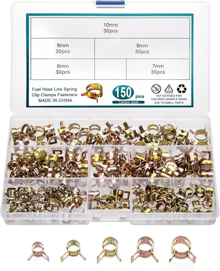 150 Pcs Fuel Line Spring Hose Clamps, Spring Band Type Spring Clips Clamps Kit, Silicone Vacuum Hose Water Pipe Air Tube Low Pressure Clamps Fastener Assortment Kit - 6mm/7mm/8mm/9mm/10mm