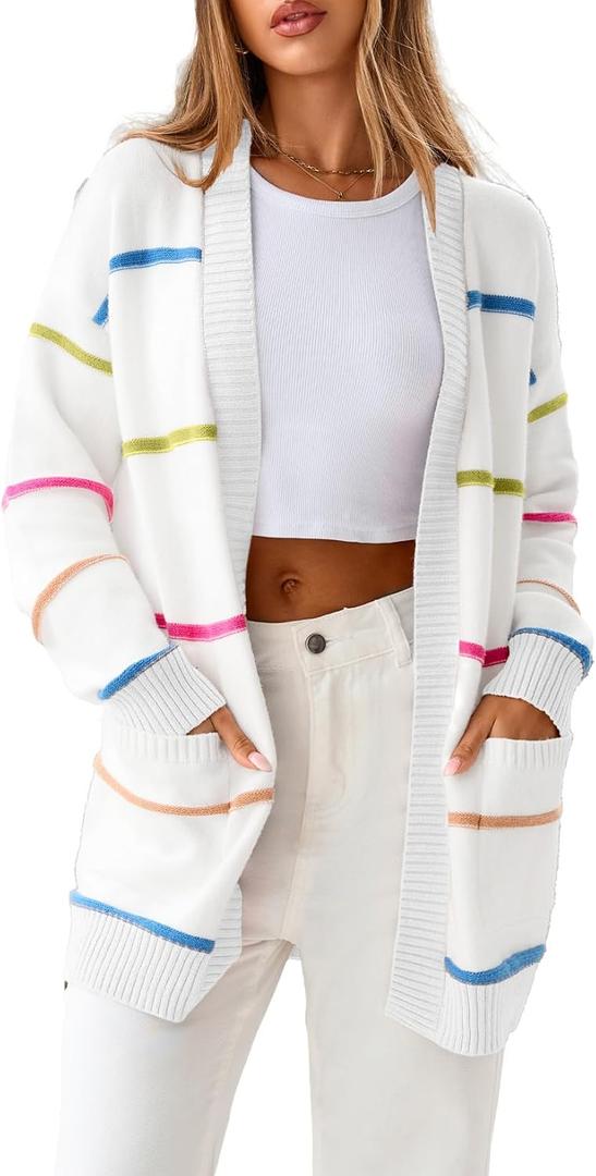 Sidefeel Cardigan Sweaters for Women Lightweight Striped 2025 Long Sleeve Open Front Loose Knit Sweaters Clothes (Medium, White Beige)