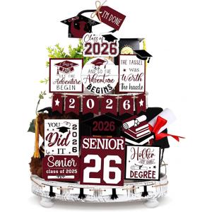 22 Pcs 2026 Graduation Tiered Tray Decor Sets Wooden Graduation Class of 2026 Table Decorations Senior 2026 Gown Diploma Farmhouse Signs for Home Shelf Party Office Desk(Dark Red)