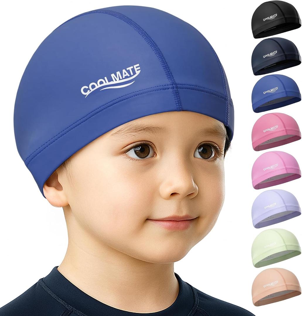 COOLMATE Fabric Swim Cap for Women, Men & Kids Silicone Water Resistant Layer, Lightweight Cloth Cap for Pool & Lap Swimming Non-Slip Comfortable Fit, Gift for Swimmers (1 Pack) (Blue, XS)