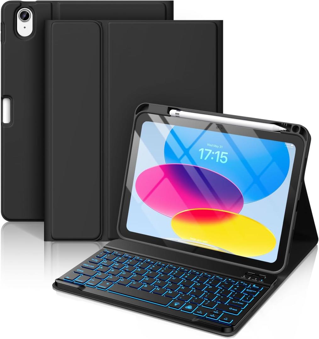 Hamile for iPad 11th 10th Generation Case with Keyboard - 7 Colors Backlit Wireless Detachable Folio Keyboard Cover with Pencil Holder for iPad 11-inch A16 2025 10th Gen 10.9 Inch 2022 (Black)