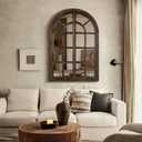 Arched Wall Mirror with Wood Window Frame, 38x26 Vintage Rustic Arch Farmhouse Mirror for Wall, Living Room, Bedroom, Entryway(Brown)