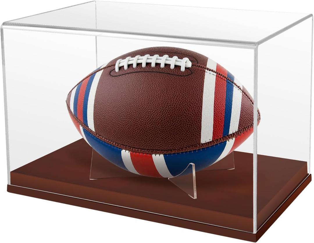 Football Display Case with Brown Wooden Base – Clear Acrylic Football Holder Box for Autographed Football, Full Size Football Memorabilia Showcase Display