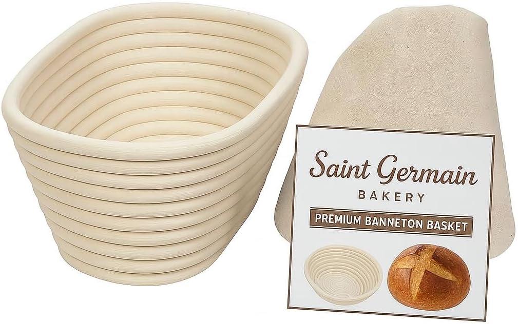 Saint Germain Bakery Premium Round Bread Banneton Basket with Liner - Perfect Brotform Proofing Basket for Making Beautiful Bread (10 inch Oval)