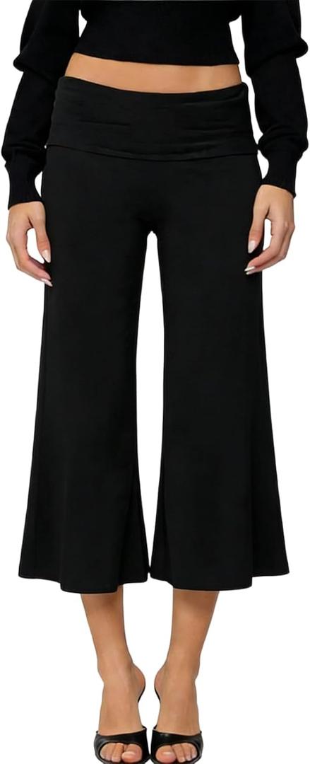 Qmlyev Fold Over Capri Pants for Women Low Rise Wide Leg Yoga Capris Summer Cute Going Out Flowy Gaucho Pants Streetwear (Black, S)