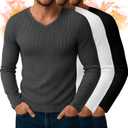 3 Pack Men's V Neck Thermal Ribbed Shirts Cotton Long Sleeve Casual Underwear Slim Fit Stretchy Base Layer Tops (Large, Black, White, Charcoal Gray)