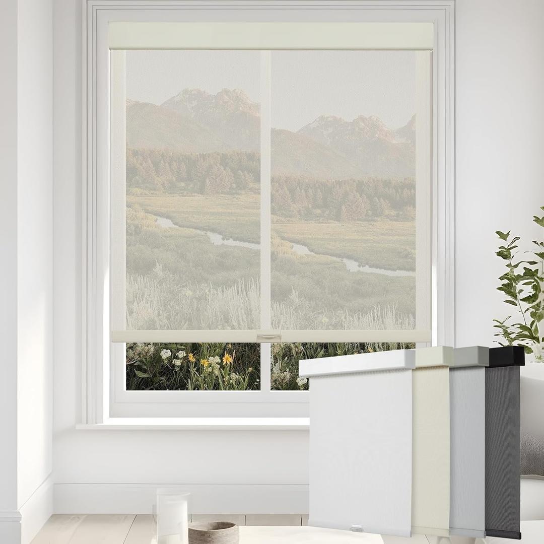 Persilux Free-Stop Cordless Solar Window Roller Shades Light Filtering Roller Blinds for Windows 5% Openness See Through UV Protection Solar Shades for Windows Shades for Home (Beige, 25" W x 72" H)