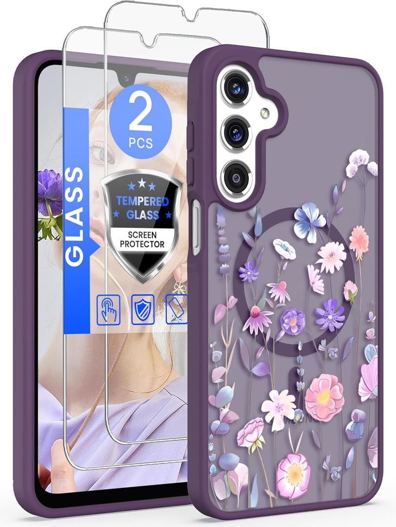 Yucenx for Samsung Galaxy A16 5G Floral Phone Case with 2X Screen Protector, Military Grade Magnetic Translucent Matte Girls Women Flower Pattern Protective Cover for A16 5G (Deep Purple) | 2X Screen Protector, Military Grade, Magnetic, Translucent, Matte, Girls Women