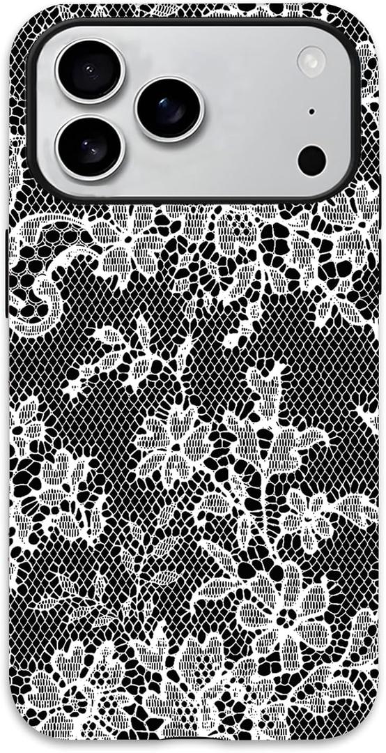 for iPhone 17 Pro Case, Cute Vintage Lace Flower Pattern Phone Case for Women Girls, Aesthetic Elegant Hybrid 2-Layer Hard Shell Protective Cover, Black & White Floral Lace